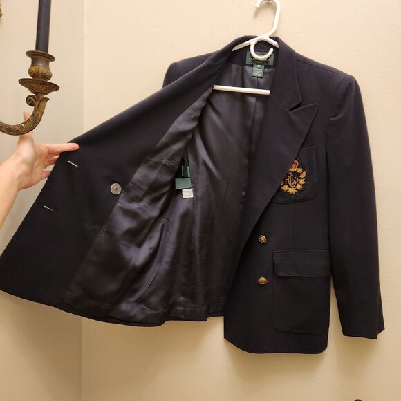 Vtg Ralph Lauren Worsted Wool Royal Crown Crest Navy Double-Breasted Blazer - Picture 12 of 15